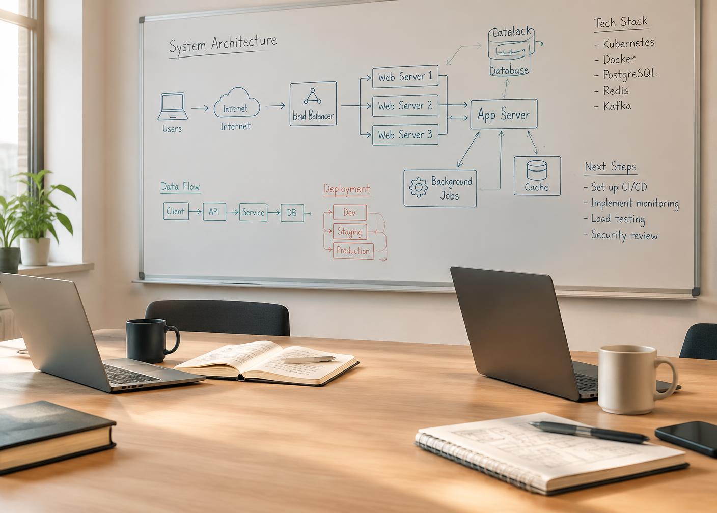 Whiteboard covered with system architecture diagrams beside laptops and notebooks on a table