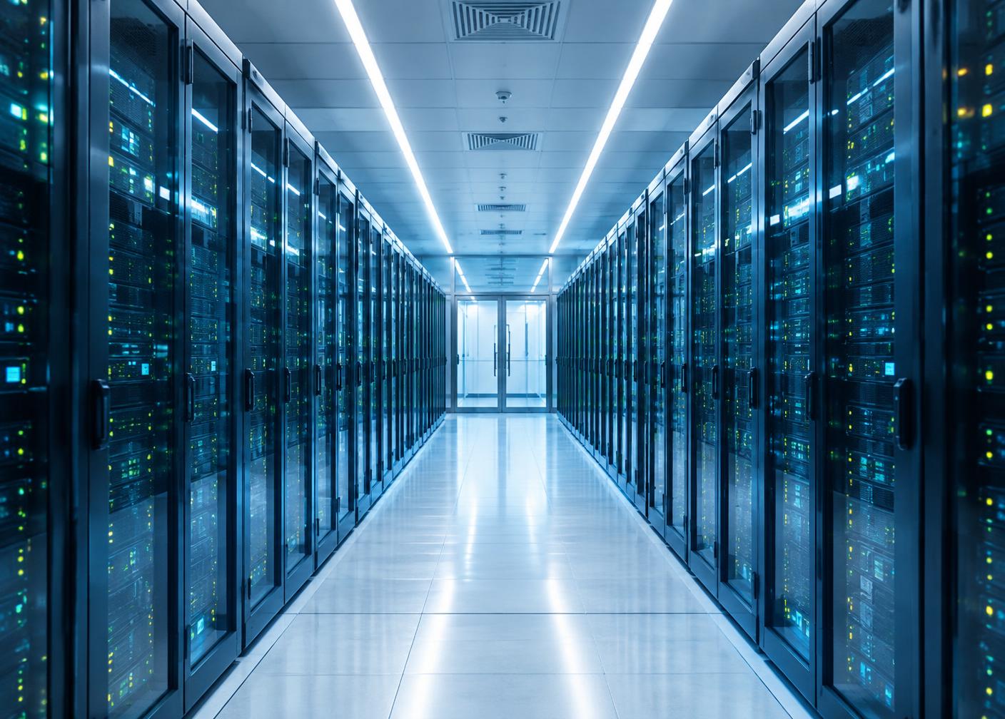 Corridor of server racks in a data centre with status indicator lights
